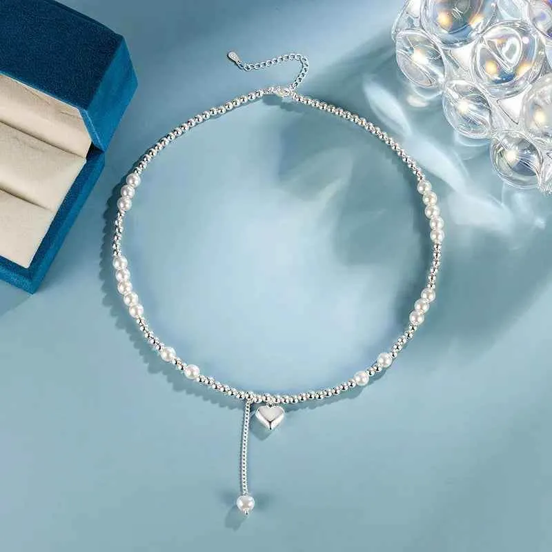 925 Sterling Silver Necklace Charm Jewelry - Pearl Beaded, Geometric Heart Pendant - TSJ123
