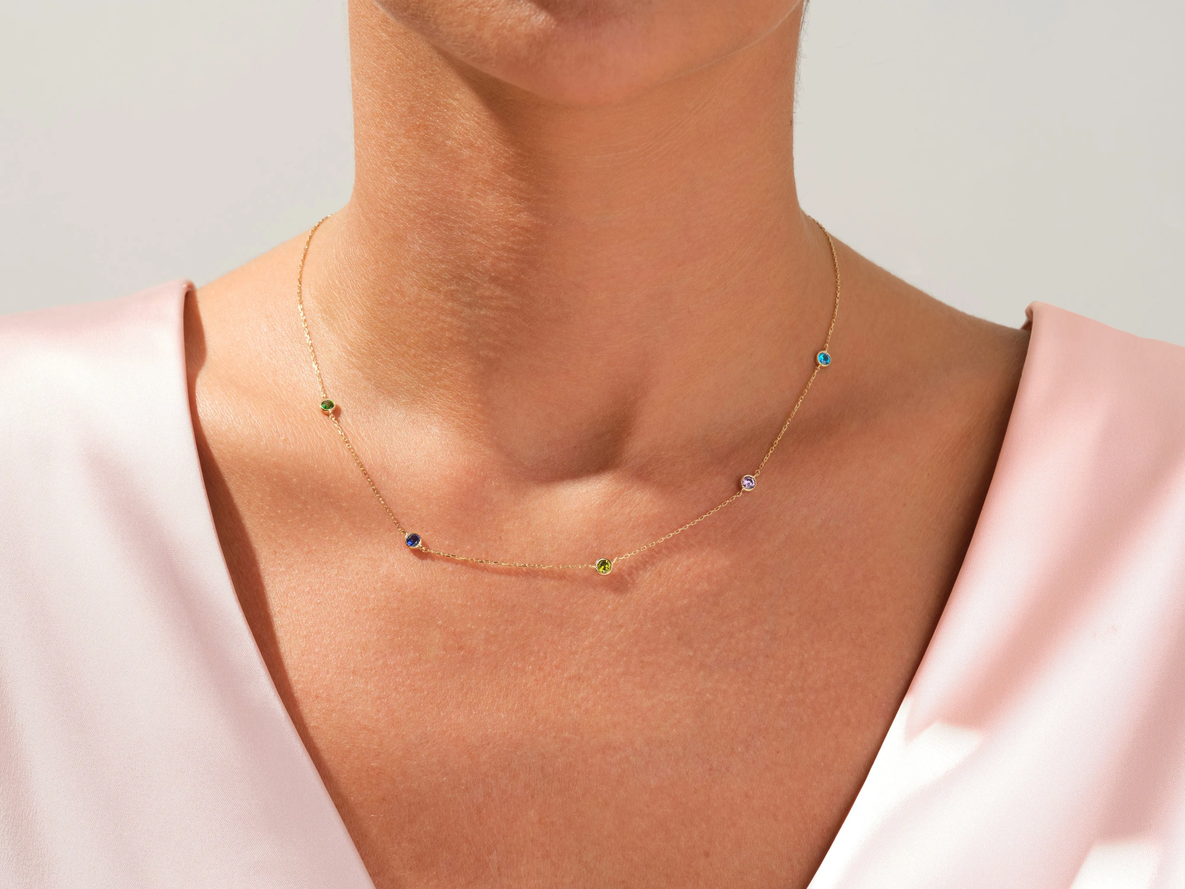 Bezel Set Birthstone Station Necklace in 14k Solid Gold