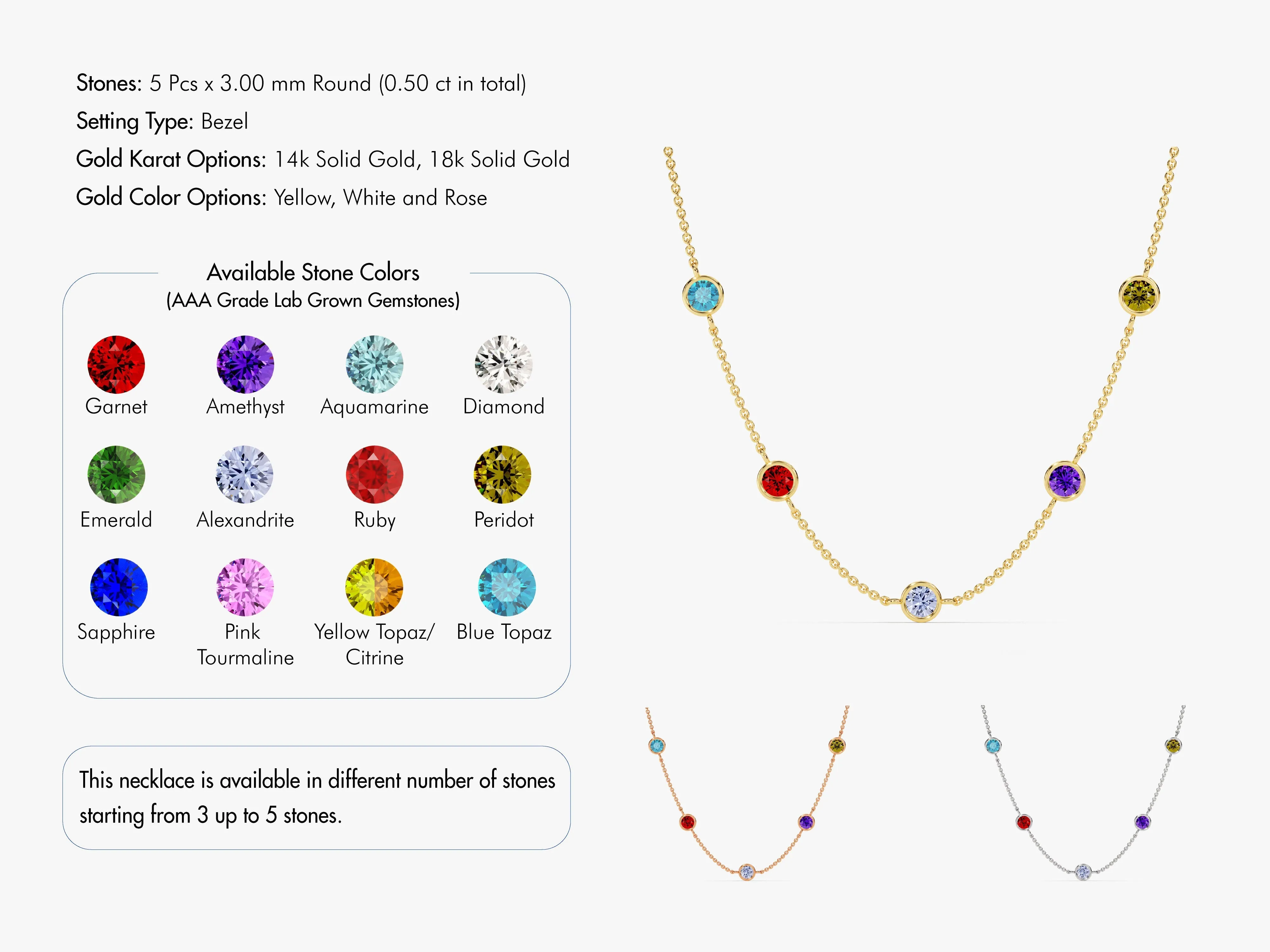 Bezel Set Birthstone Station Necklace in 14k Solid Gold