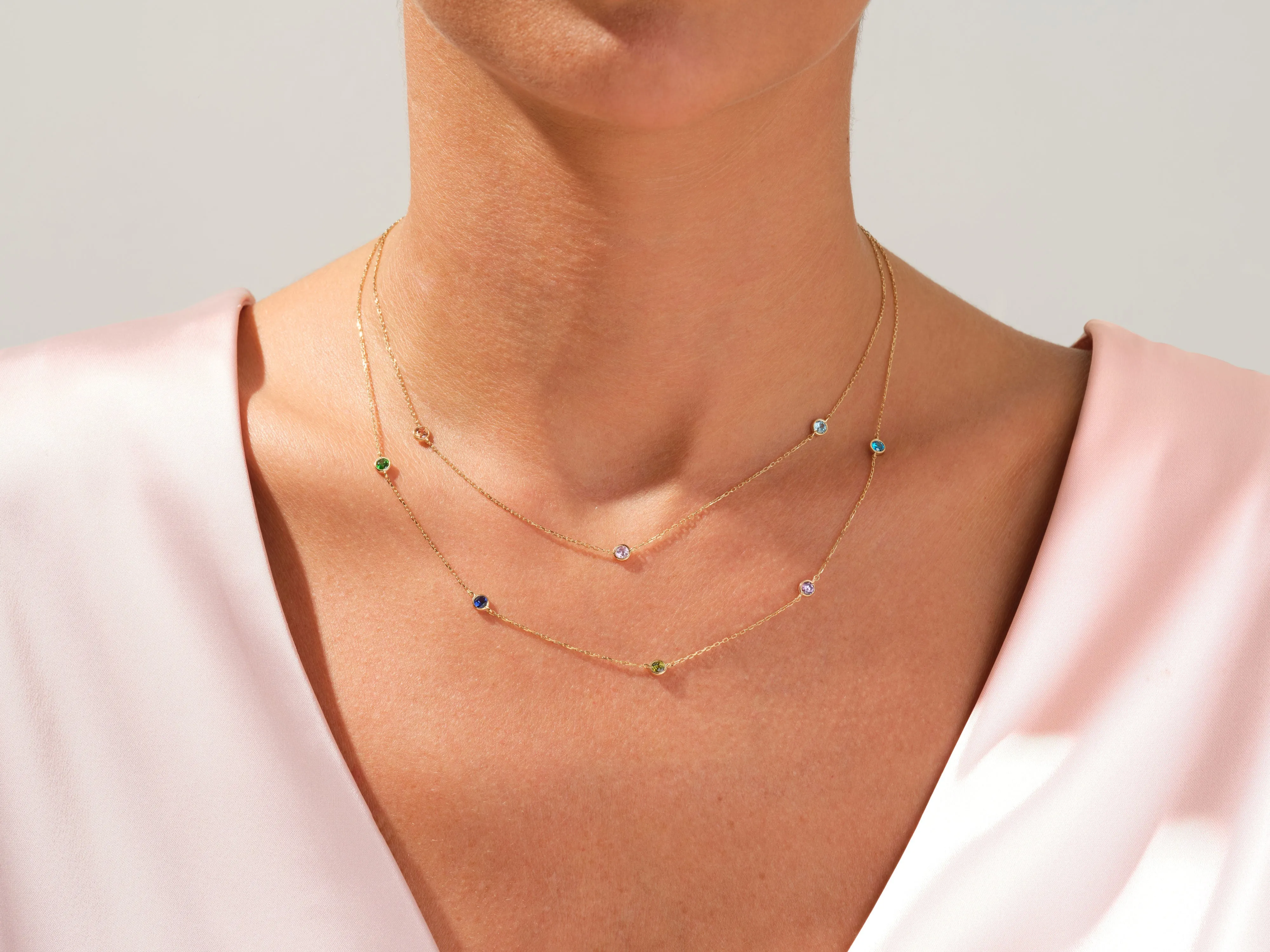 Bezel Set Birthstone Station Necklace in 14k Solid Gold