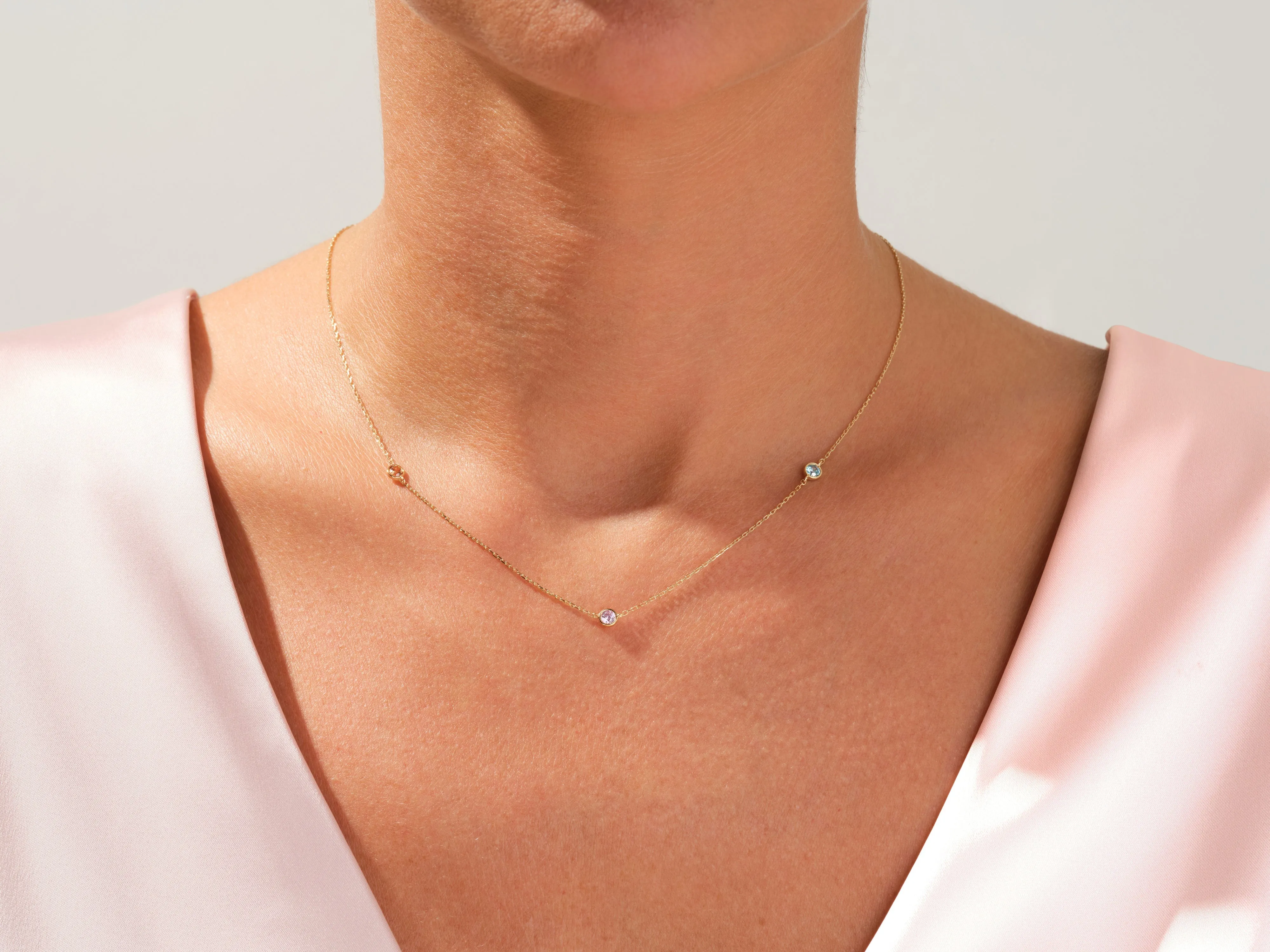 Bezel Set Birthstone Station Necklace in 14k Solid Gold