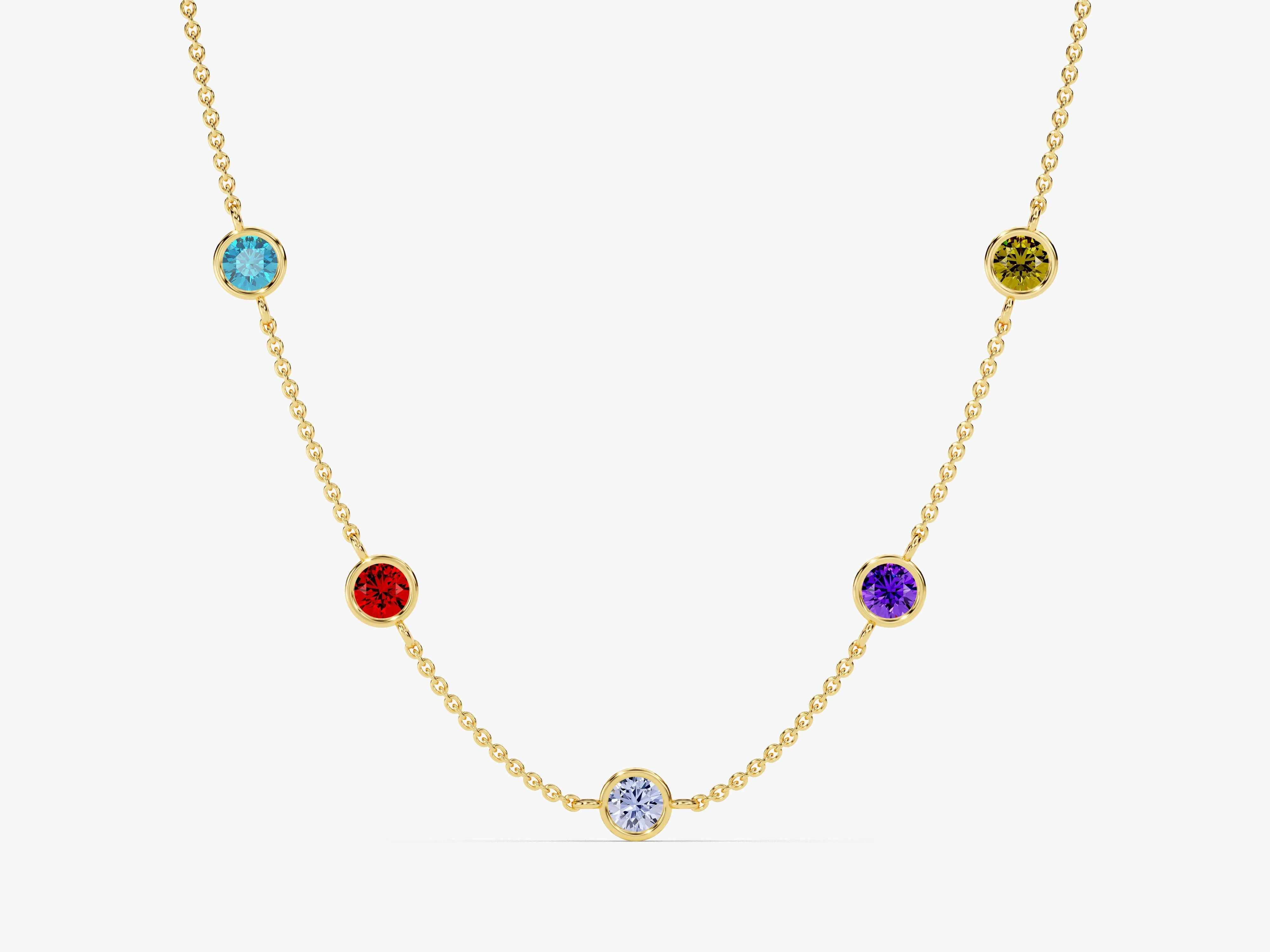 Bezel Set Birthstone Station Necklace in 14k Solid Gold