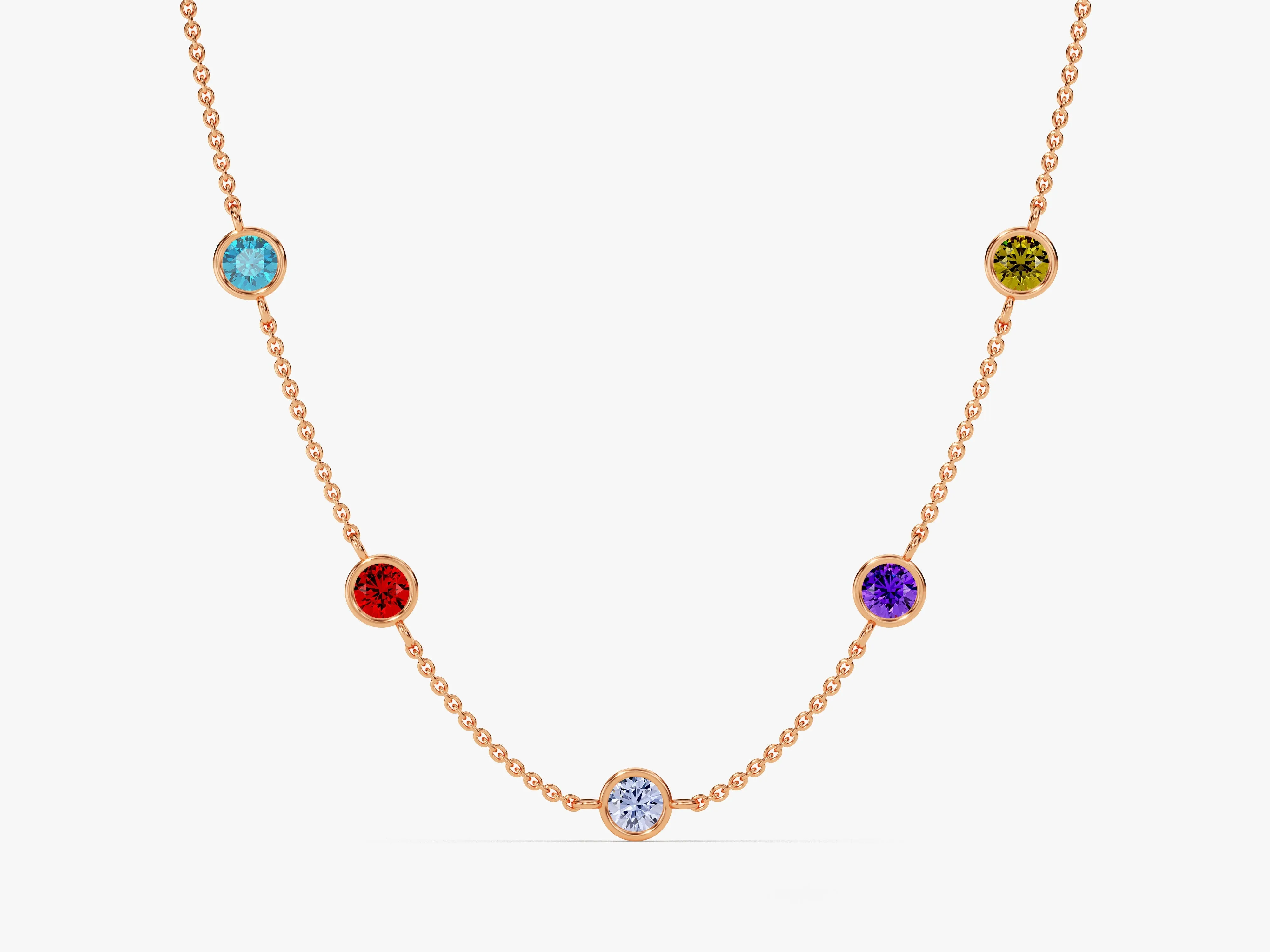 Bezel Set Birthstone Station Necklace in 14k Solid Gold