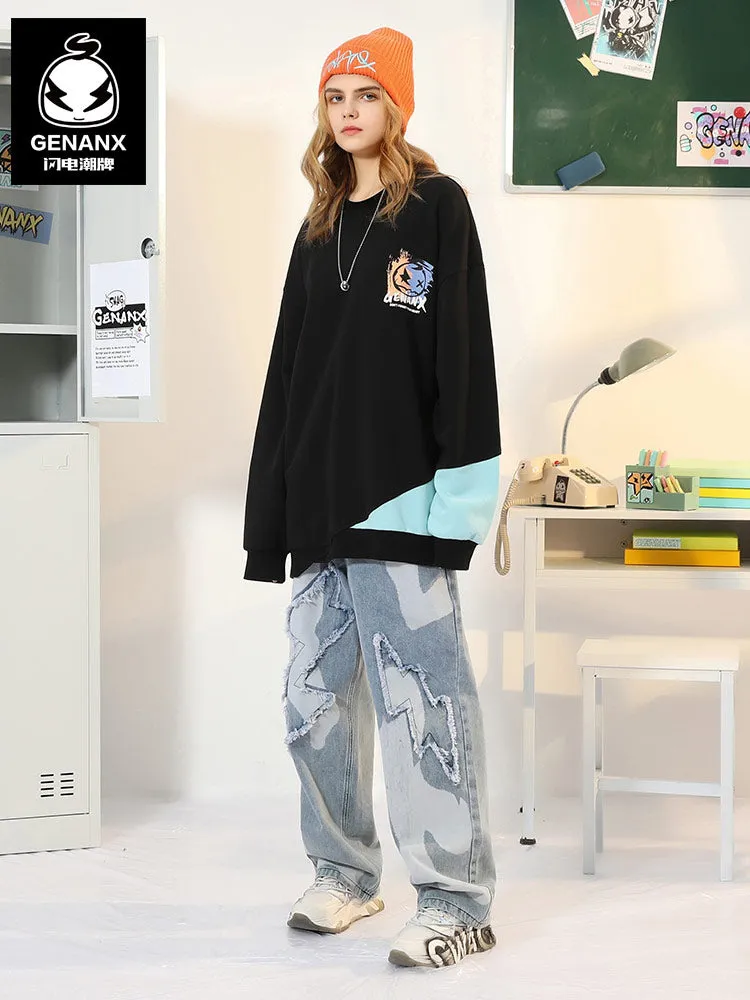 Black Asymmetric Drop-Shoulder Sleeve Sweatshirt