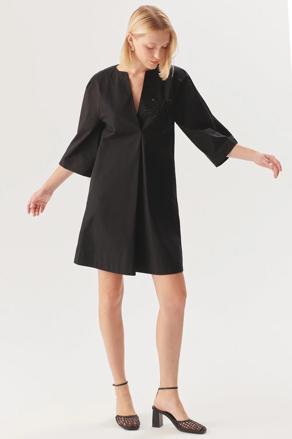 Black Graceful Sheer-Sleeve Wrap Dress