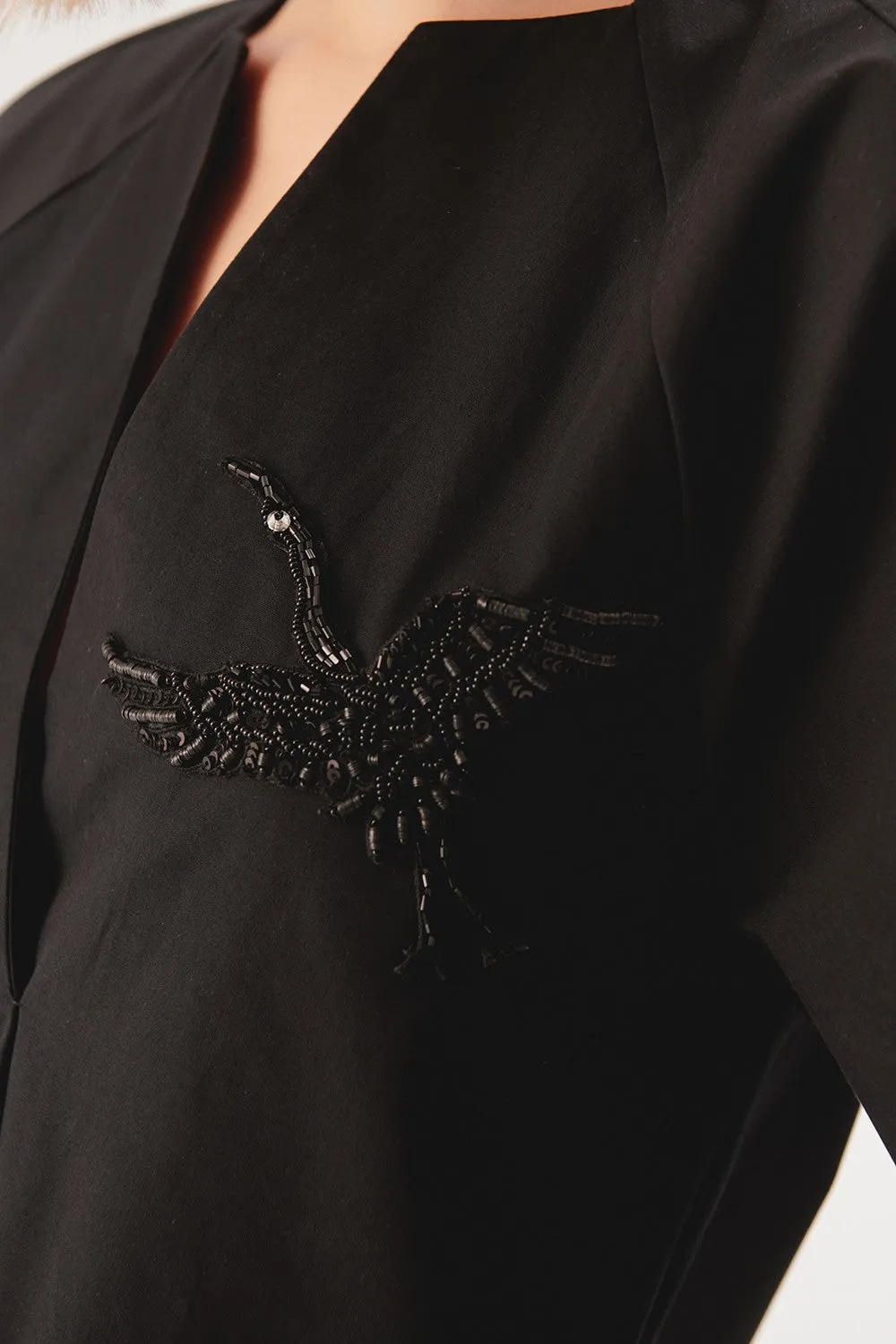 Black Graceful Sheer-Sleeve Wrap Dress