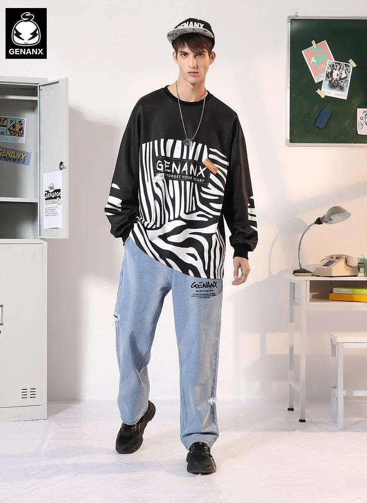Black Zebra Stripe Print Contrast Color Sweatshirt