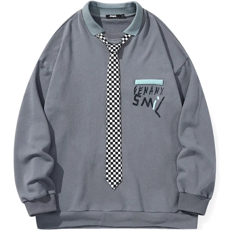 Color Block Lapel Sweatshirt With Plaid Tie