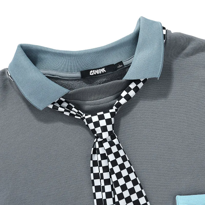 Color Block Lapel Sweatshirt With Plaid Tie