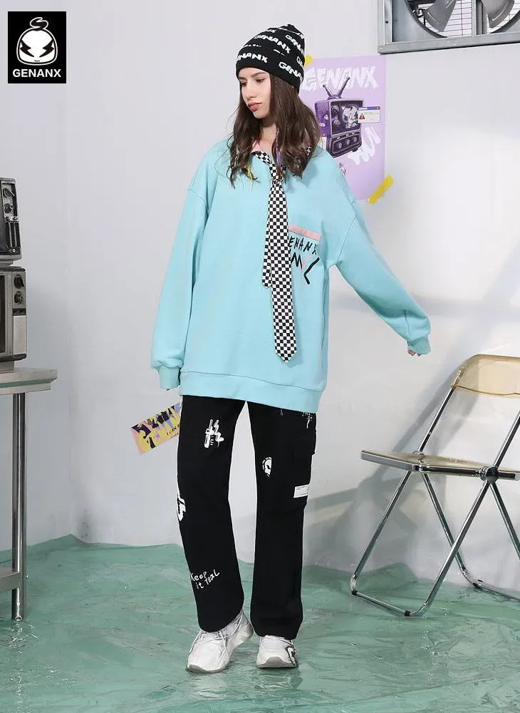 Color Block Lapel Sweatshirt With Plaid Tie