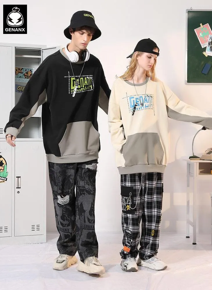Color Block Letter Print Kangaroo Pocket Sweatshirt