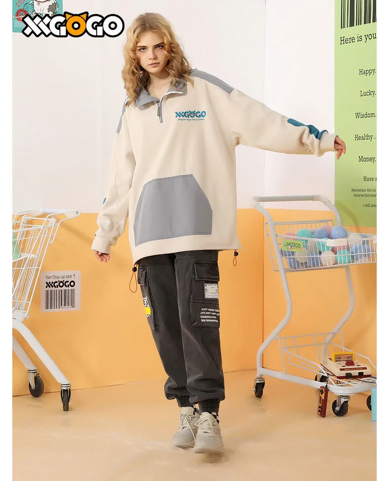 Contrast Color Polar Fleece Couple Sweatshirt