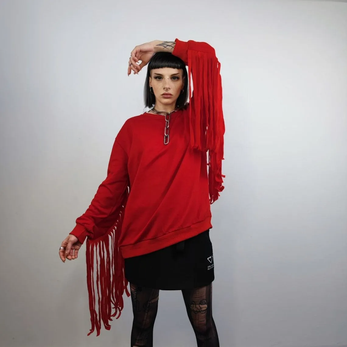 Cowboy sweatshirt tassels jumper Wild West top boho catwalk top going out long sleeve gothic sweat fancy dress sweater in red