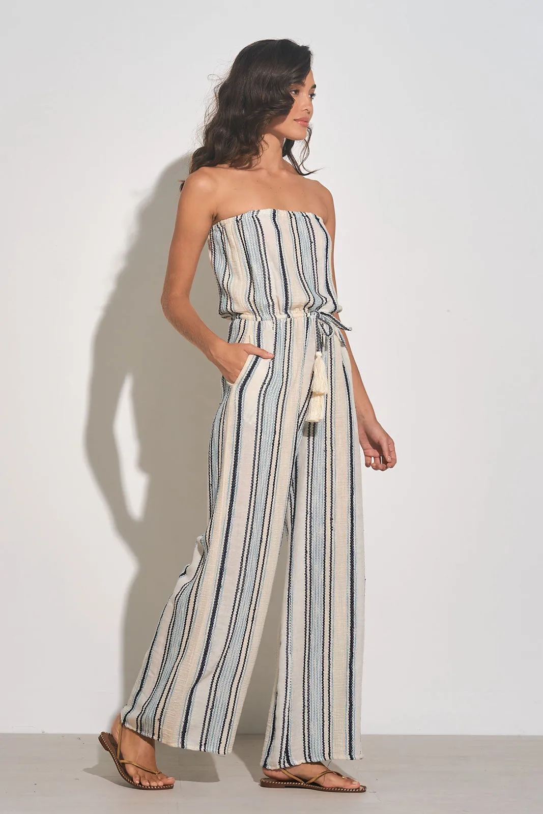Elan Natural Blue Stripe Strapless Jumpsuit