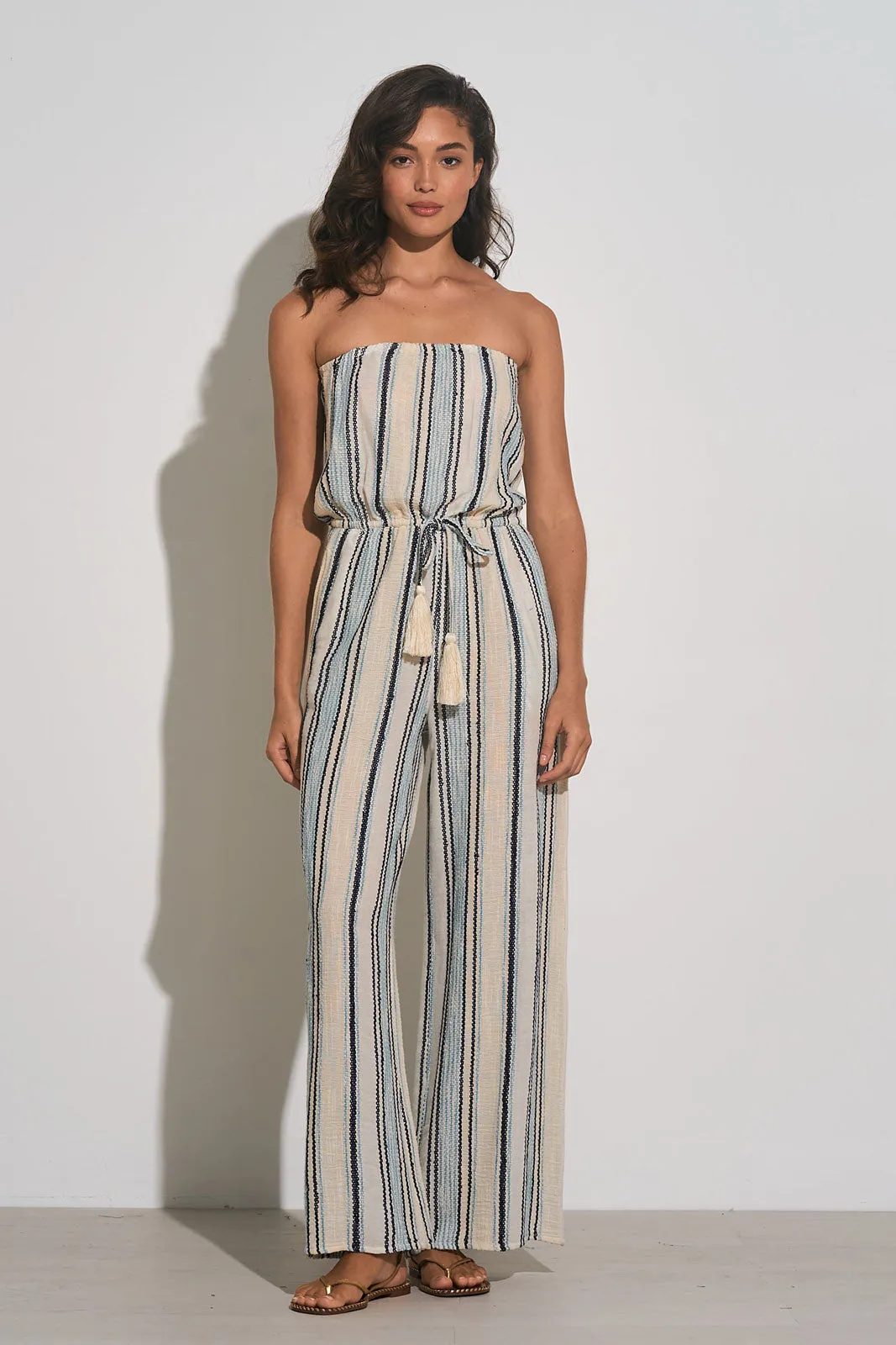 Elan Natural Blue Stripe Strapless Jumpsuit