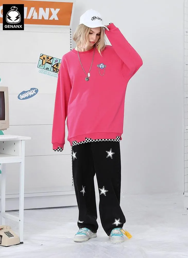 Fake Two Piece Checkerboard Spliced Crew Neck Sweatshirt