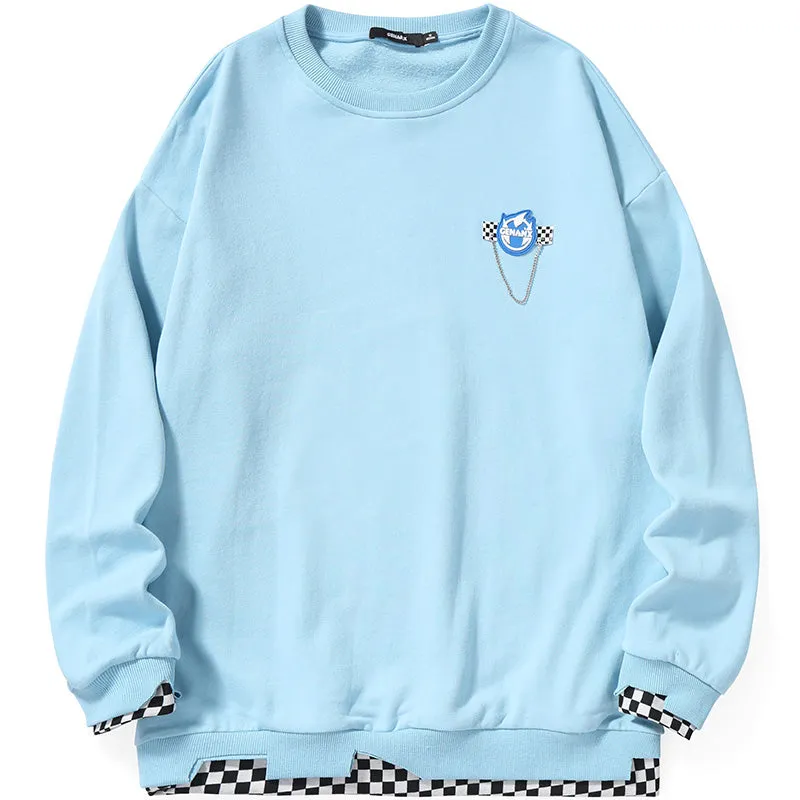 Fake Two Piece Checkerboard Spliced Crew Neck Sweatshirt