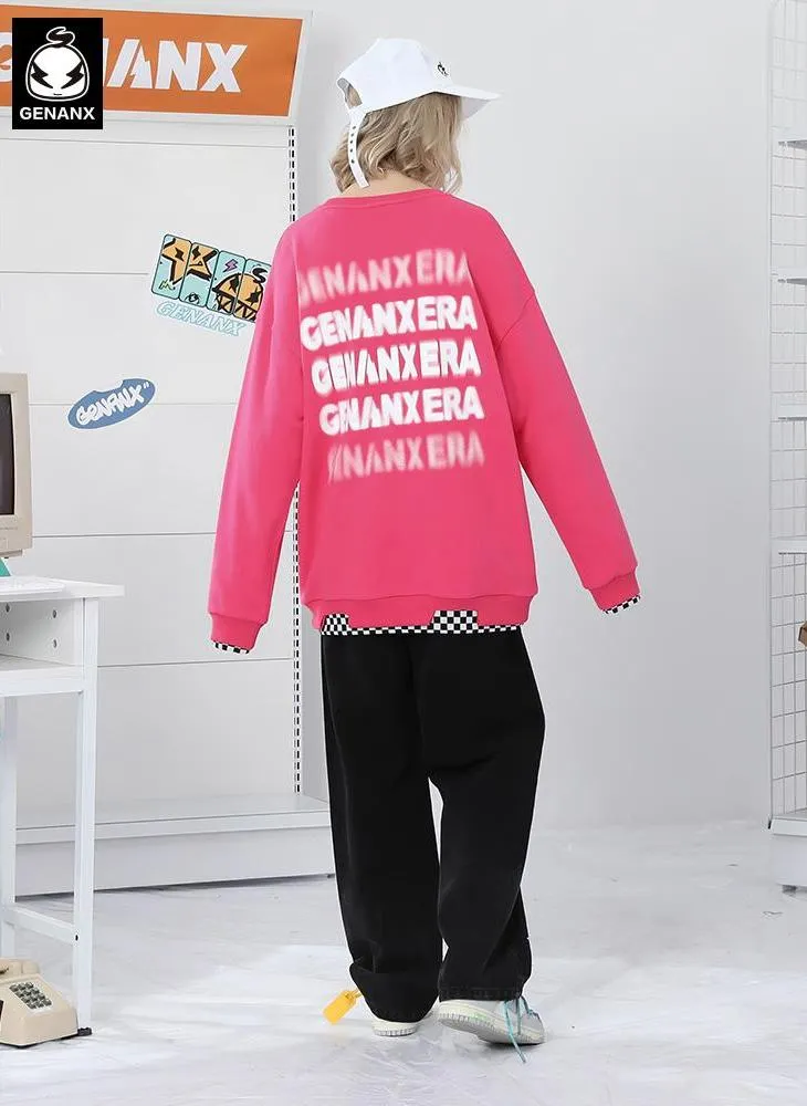 Fake Two Piece Checkerboard Spliced Crew Neck Sweatshirt