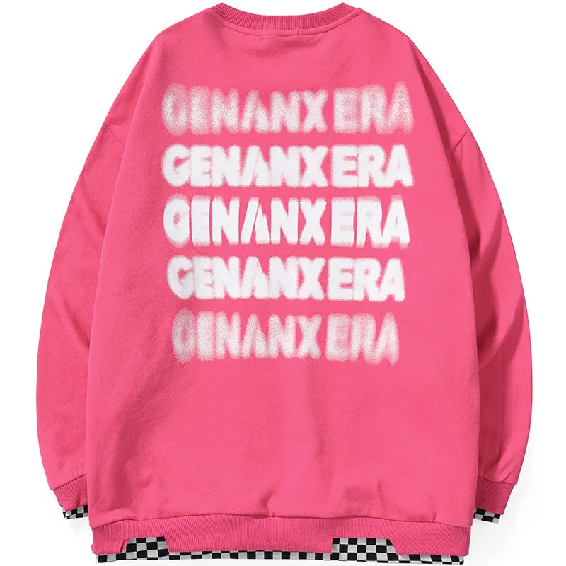 Fake Two Piece Checkerboard Spliced Crew Neck Sweatshirt