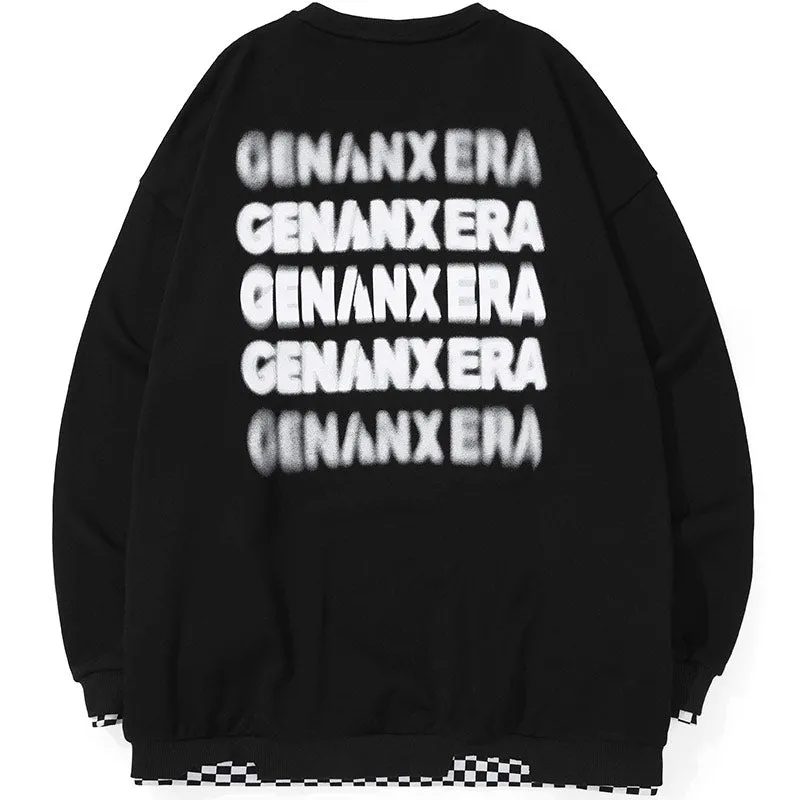 Fake Two Piece Checkerboard Spliced Crew Neck Sweatshirt