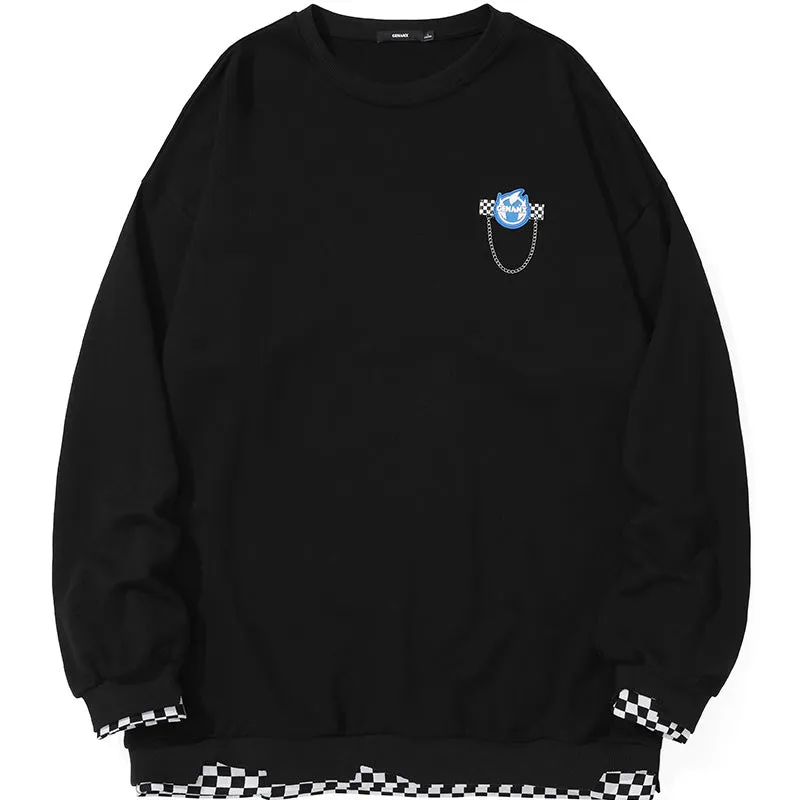 Fake Two Piece Checkerboard Spliced Crew Neck Sweatshirt