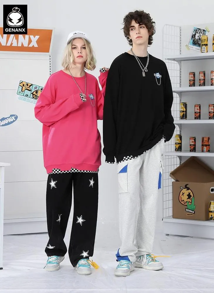 Fake Two Piece Checkerboard Spliced Crew Neck Sweatshirt