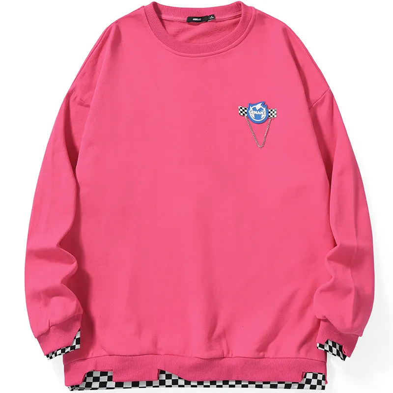 Fake Two Piece Checkerboard Spliced Crew Neck Sweatshirt