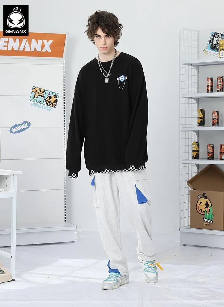 Fake Two Piece Checkerboard Spliced Crew Neck Sweatshirt