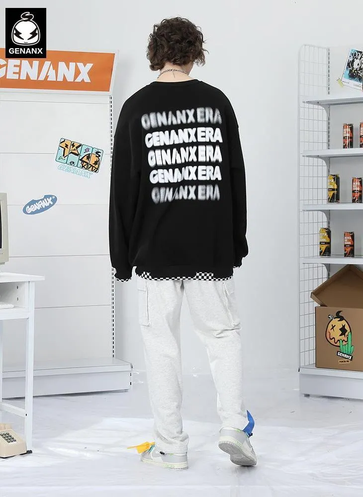 Fake Two Piece Checkerboard Spliced Crew Neck Sweatshirt