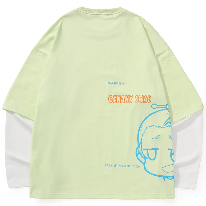 Fake Two Piece Contrast Color Spliced Crew Neck Sweatshirt