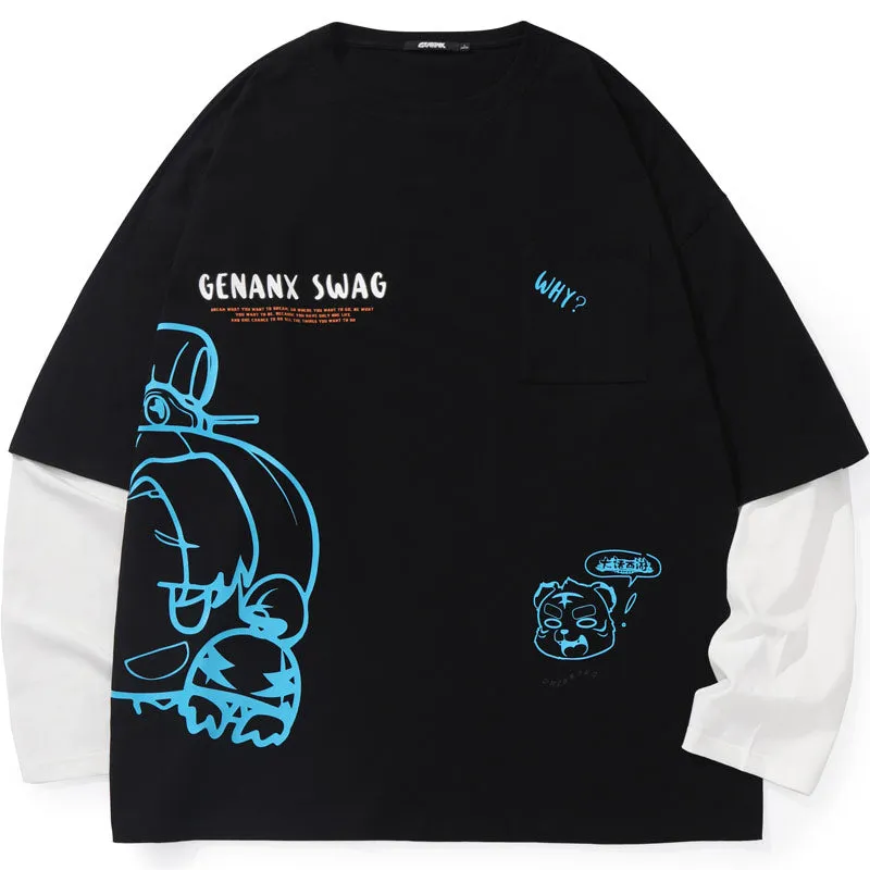 Fake Two Piece Contrast Color Spliced Crew Neck Sweatshirt