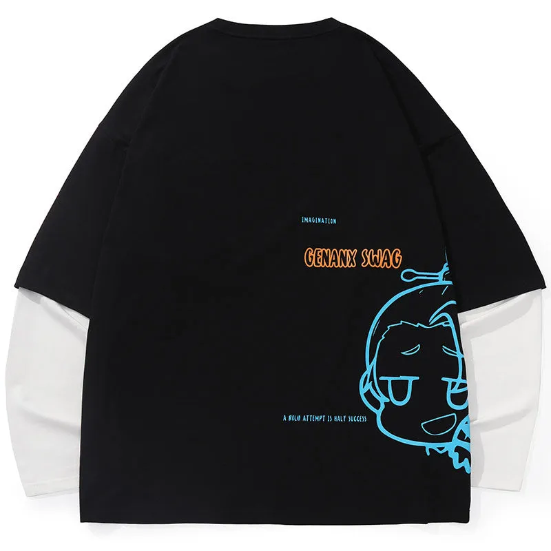 Fake Two Piece Contrast Color Spliced Crew Neck Sweatshirt