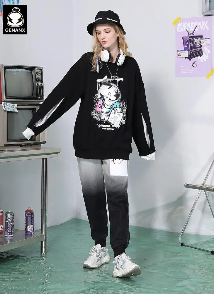 Fake Two Piece Spliced Cartoon Print Sweatshirt