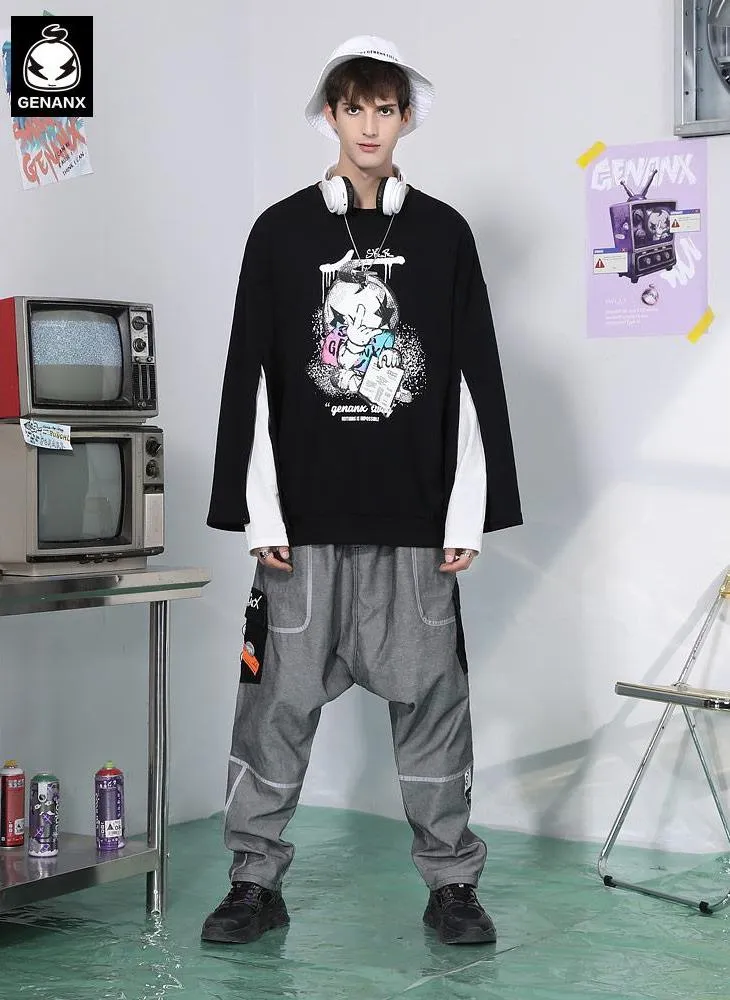 Fake Two Piece Spliced Cartoon Print Sweatshirt