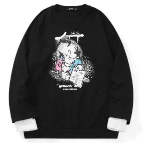 Fake Two Piece Spliced Cartoon Print Sweatshirt