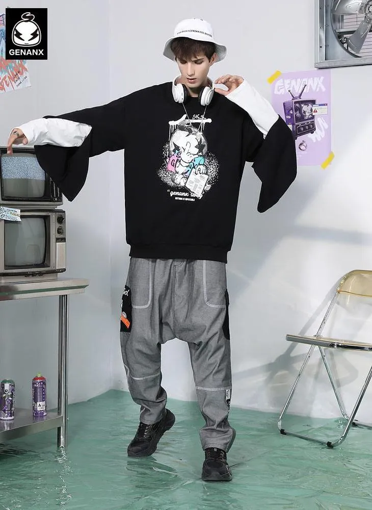 Fake Two Piece Spliced Cartoon Print Sweatshirt