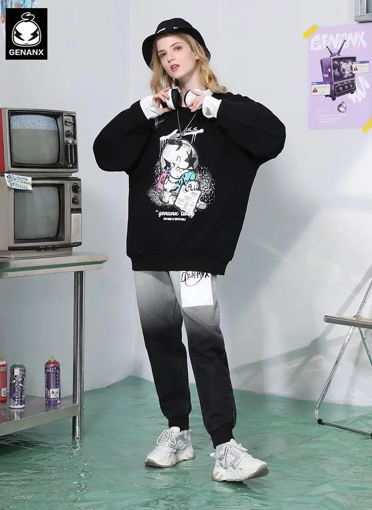 Fake Two Piece Spliced Cartoon Print Sweatshirt