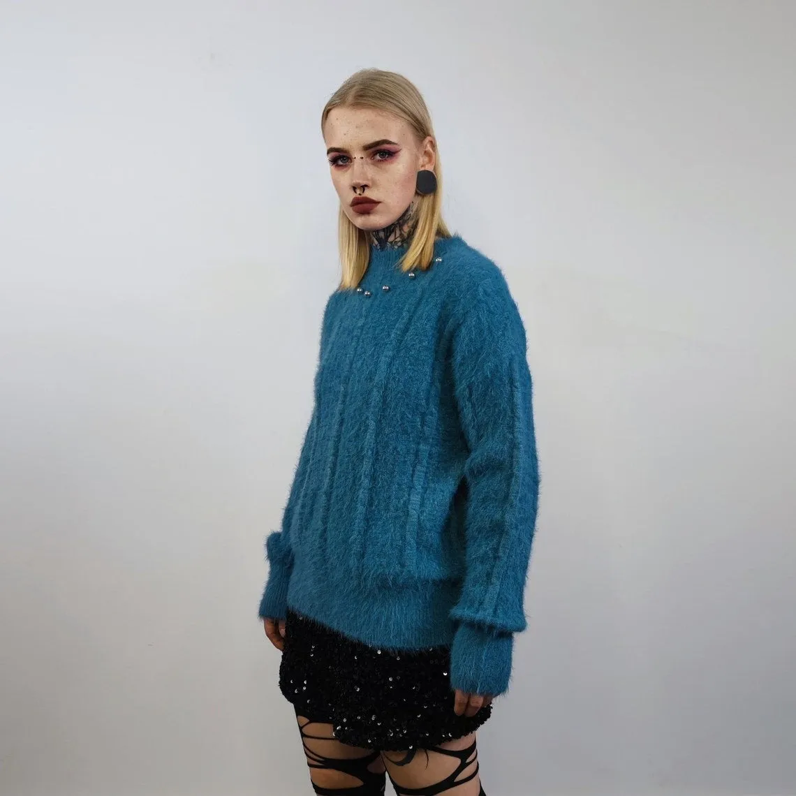 Fluffy blue sweater embellished luxury jumper long hair studded pullover going out top party sweat fancy dress knitted wedding blouse