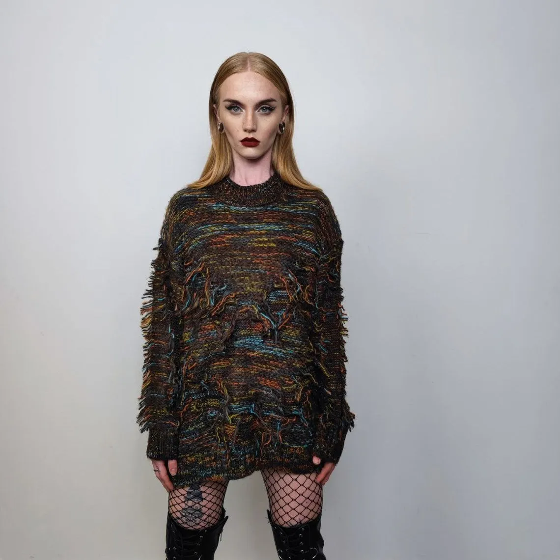 Fluffy sweater shredded jumper distressed knitwear top grunge sweatshirt knitted boho dress in brown