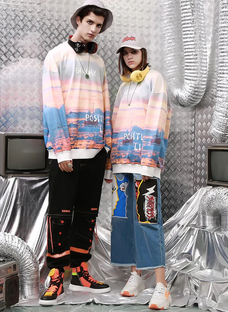 Frozen Gradient Drop-Shoulder Sleeve Space Cotton Sweatshirt