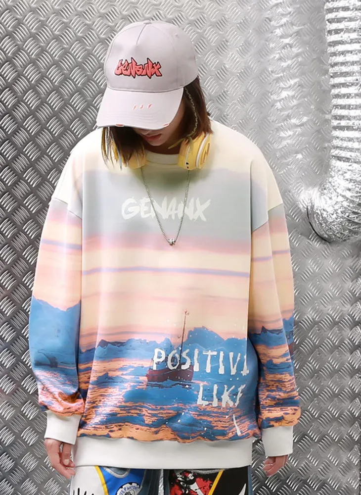 Frozen Gradient Drop-Shoulder Sleeve Space Cotton Sweatshirt