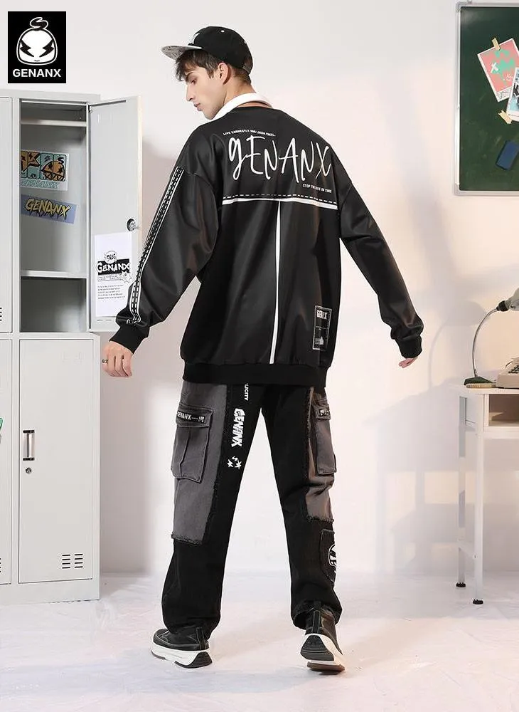 Geometric Letter Print Drop-Shoulder Sleeve Sweatshirt