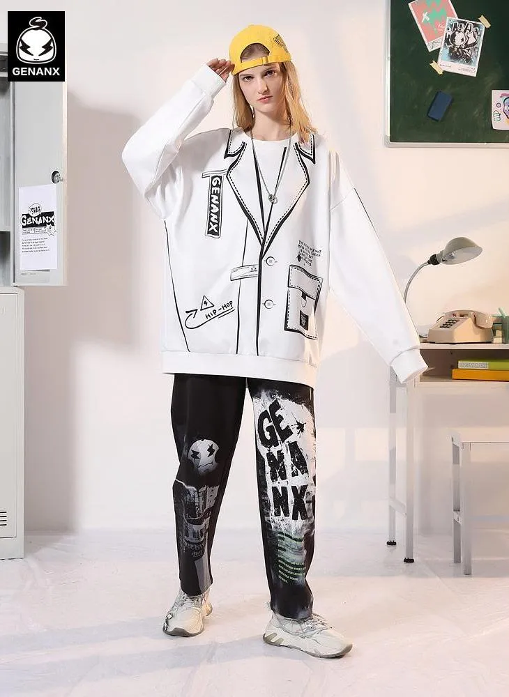 Geometric Letter Print Drop-Shoulder Sleeve Sweatshirt