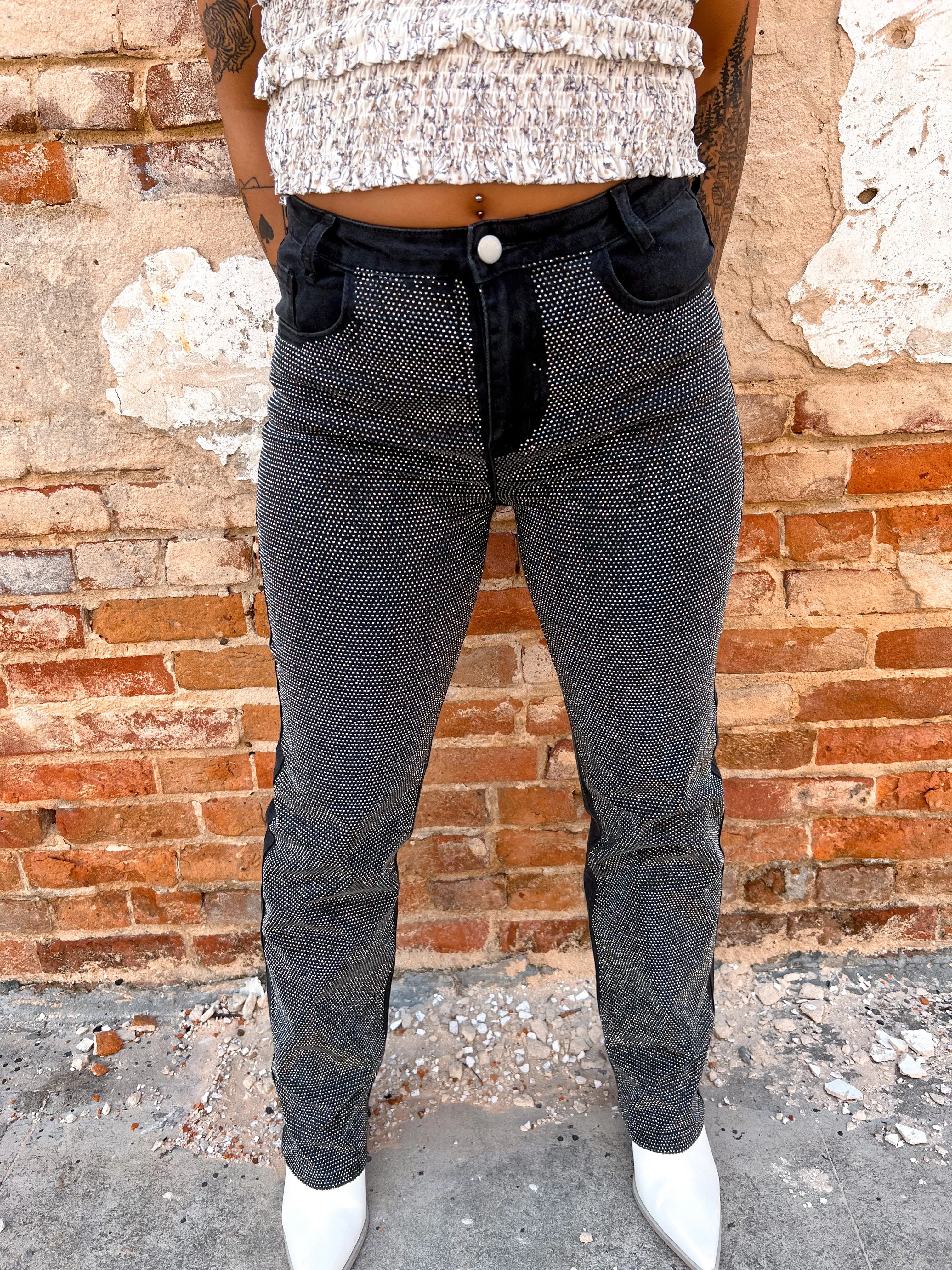 Ida High Rise Rhinestone Studded Black Denim Jeans