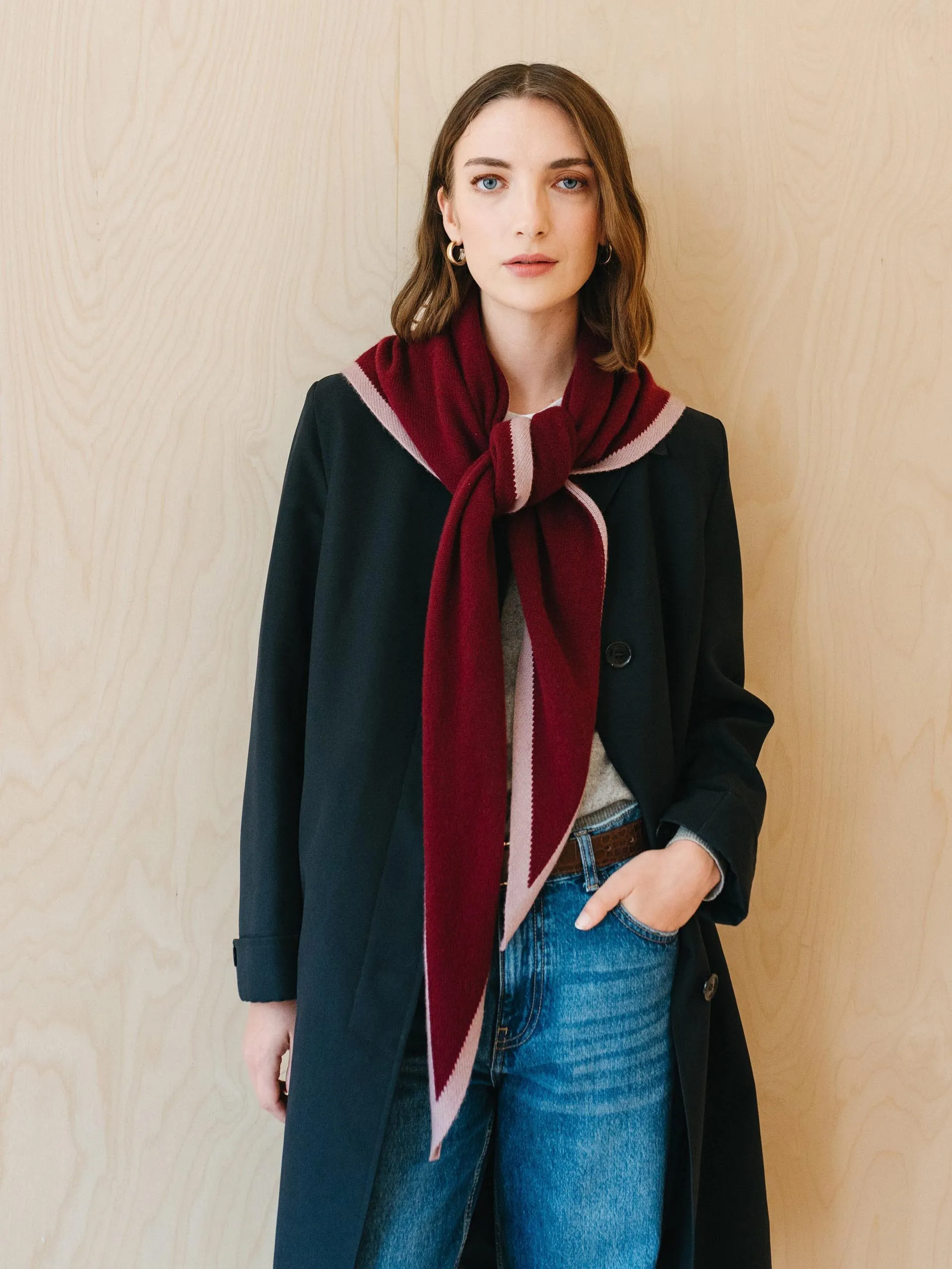 Large merino triangle scarf in burgundy and lilac