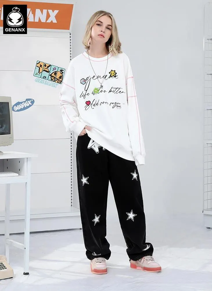 Letter Print Three-Dimensional Knit Flower Sweatshirt