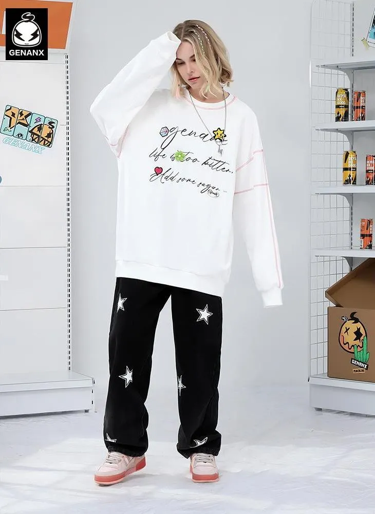 Letter Print Three-Dimensional Knit Flower Sweatshirt