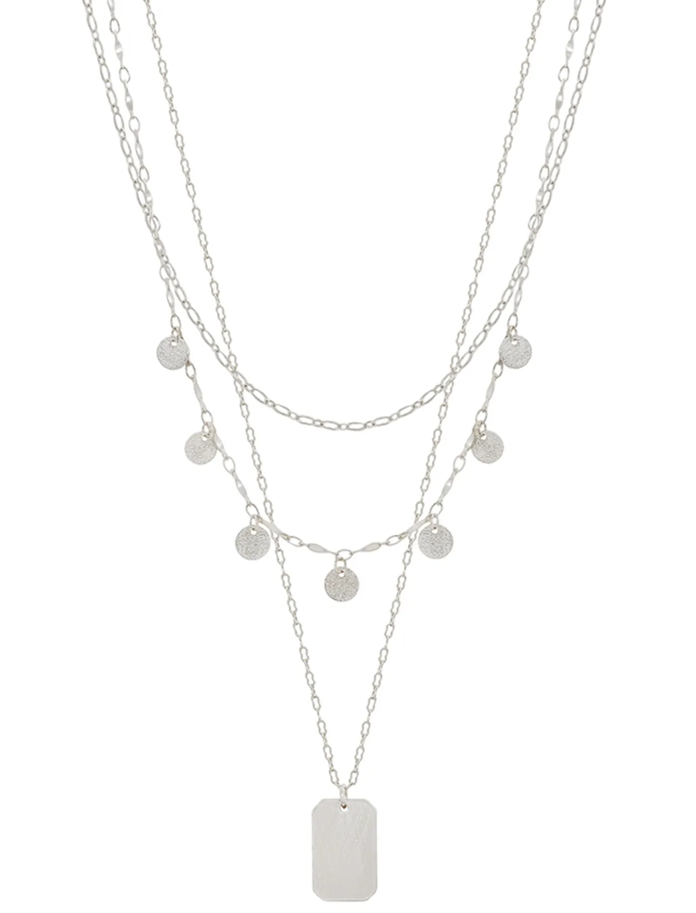 Matte Silver Triple Layered Disc and Pendant 16"-18" Necklace