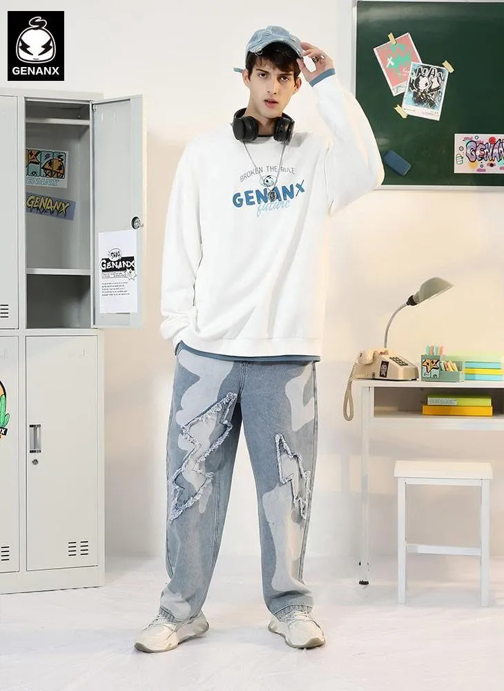 Minimalist Letter Print Spliced Drop-Shoulder Sleeve Sweatshirt