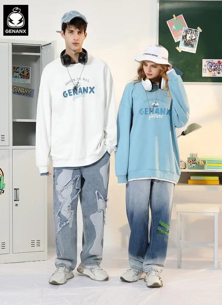 Minimalist Letter Print Spliced Drop-Shoulder Sleeve Sweatshirt